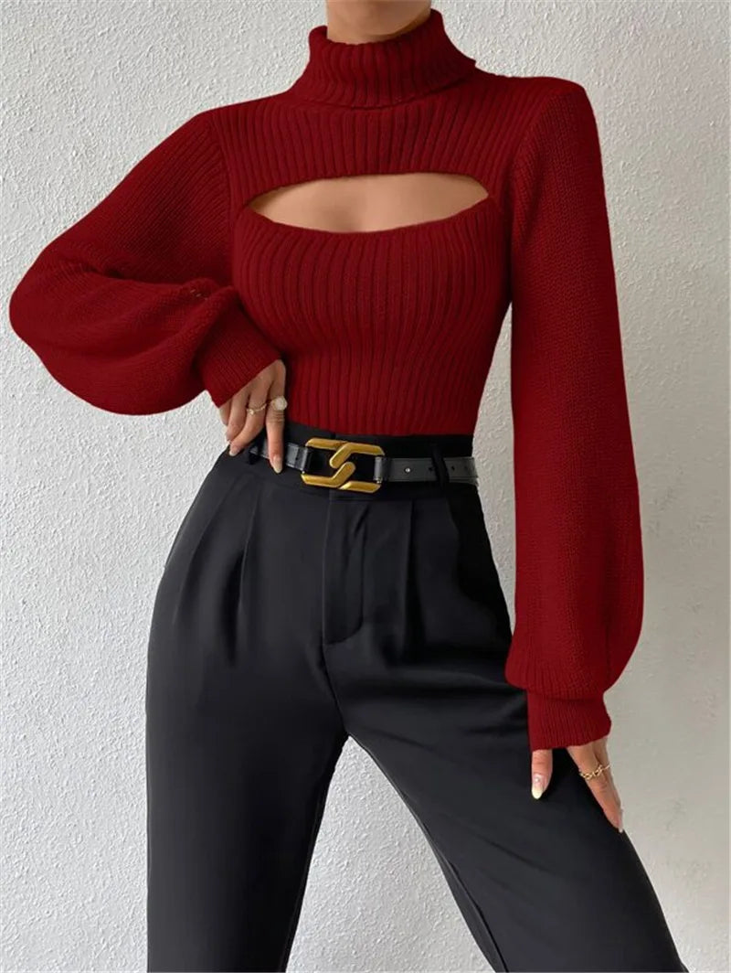 Chest Hollowed-out Sexy Sweater Design Sexy Loose Matching Sweater Fall Winter Turtleneck Hollowed-out Sweater Women Wear Top