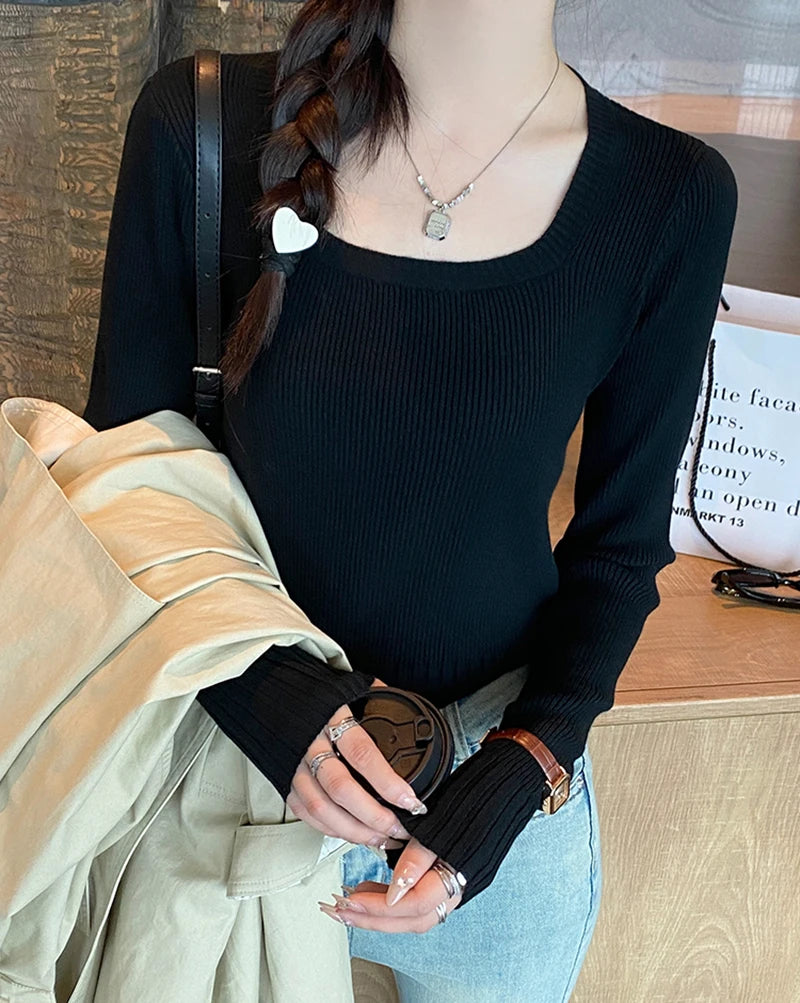 Autumn Winter Fashion Sweater Slim Knitted Pullover Women Square Collar Soft Solid Jumper Casual All Match Female Tops 2024 New