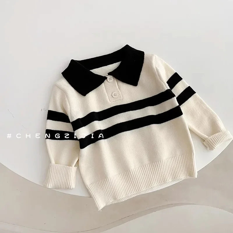 2023 New Korean Style Spring Autumn Children's Sweater Boys Girls Two-piece Button Striped Lapel Knitted Top Casual Fit Stylish