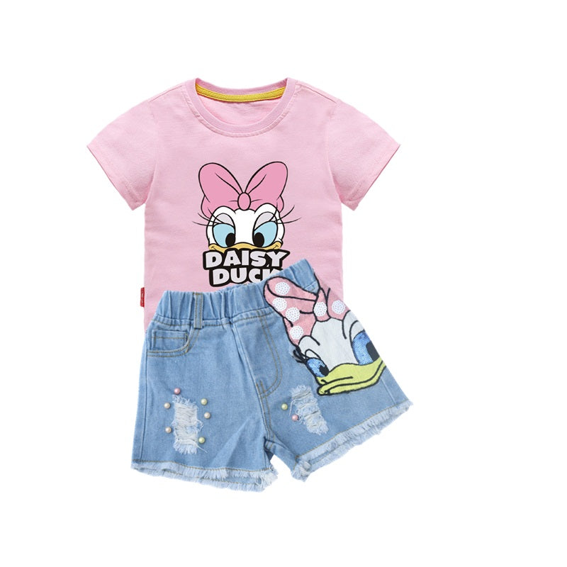 Summer Girls Fashion Sets Sequins Embroidery Broken Hole Pearl Denim Shorts Sleeve Donald Duck Little Kids Clothes Outfits