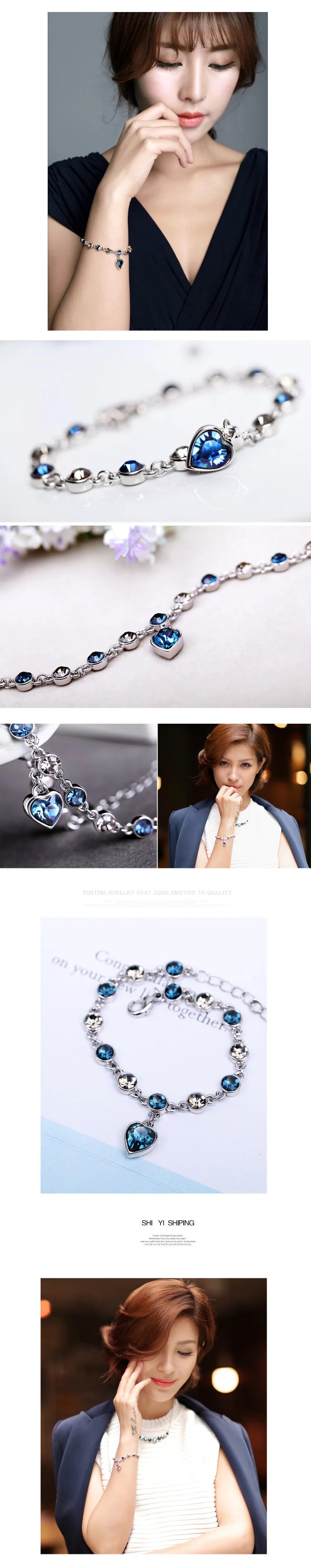 Women Silver Color Lucky Bracelet Female Blue Crystal Heart Charm Pulseras Bracelet Bridal Wedding Engagement Fine Jewelry Gift