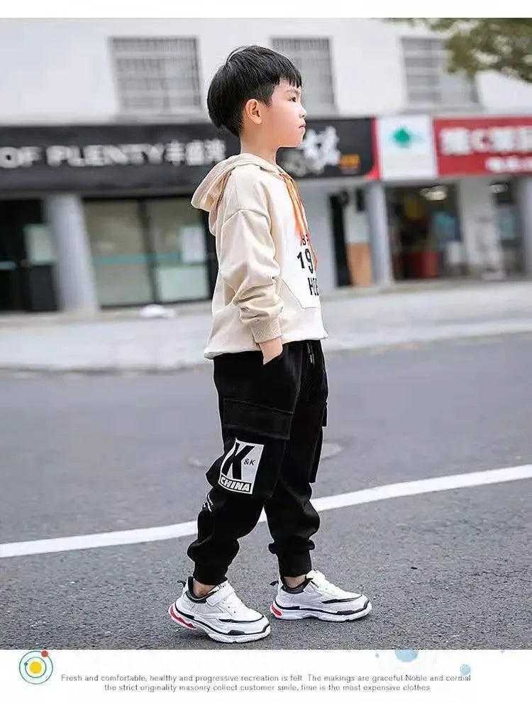 2024 Autumn Boys Pants Letter Print Cotton Sweatpants Casual Korean Cargo Pants Fashion Teenage Kids Sport Multi-pocket Pants