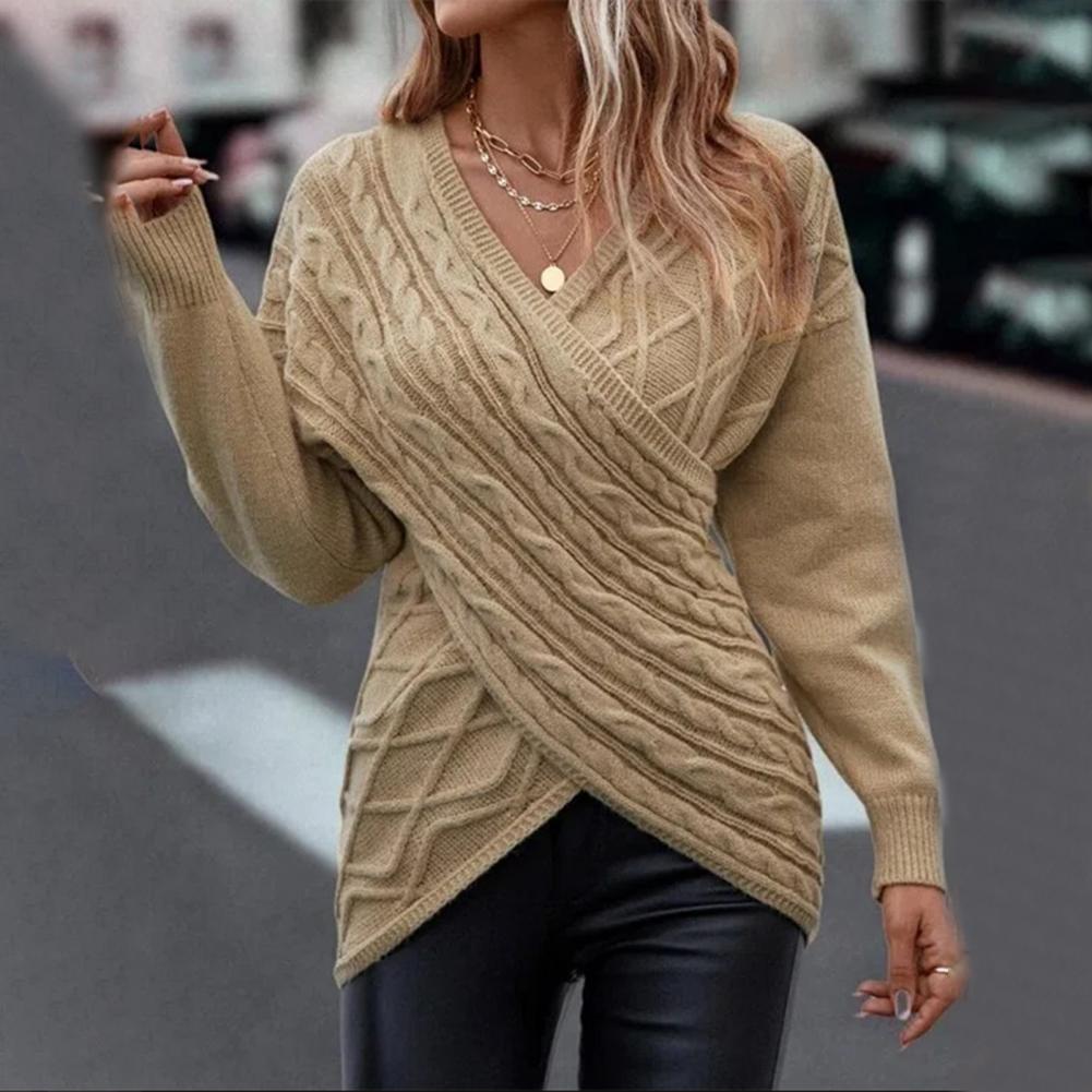 Women Knitted Pullover Stylish Twist Pattern Knitting Sweater Autumn Winter Slim Fit Women Sweater V Neck Solid Color Knitwear