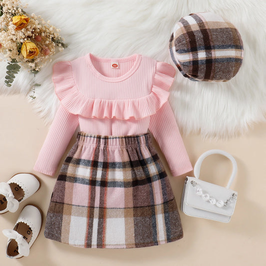 3PCAutumn 1-4 Years Old Girl Baby Fashionable Foreign Style Round Collar Pink Color Pit Strip Long-Sleeved Top + Plaid Skirt Hat