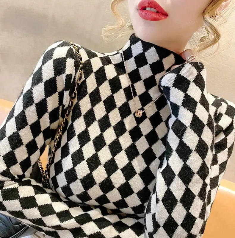 Women Clothing Fashion Elegant Mock Neck Long Sleeve Pullovers Spring Autumn Chic Slim Plaid All-match Tops Office Lady Sweaters