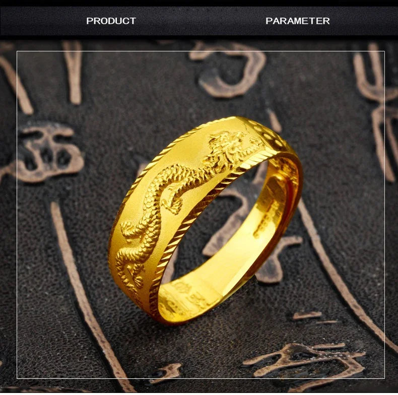 24k Gold Ring for Man Luxury Engraving Dragon Adjustable Ring Fashion Jewelry Male Two Color Yellow/White Gold Finger Ring Gift