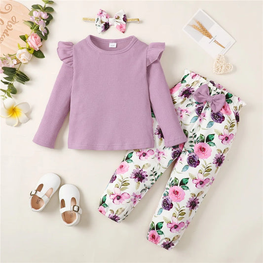 1-5Years Kids Girl Long Sleeve Clothes Set Solid Color Ribbed Shirt+Floral Pants+Headband Autumn 3PCS Outfit for Toddler Girl