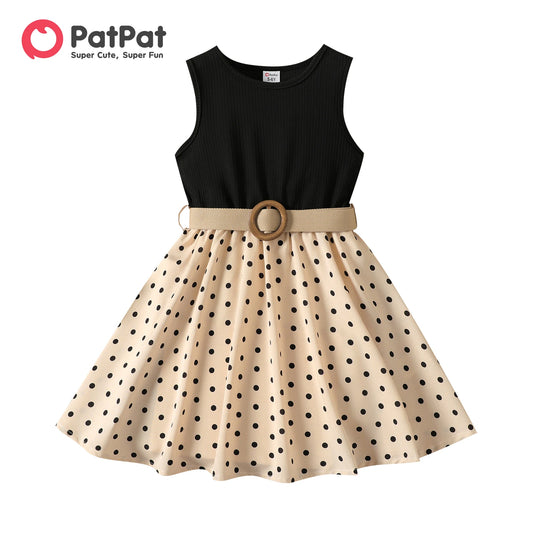 PatPat 2pcs Girl Dresses Kids Clothes Girl Polka Dots Ribbed Girls Splice Sleeveless Dress & Belt