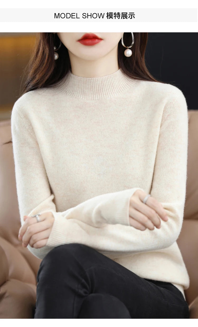 100% merino wool cashmere sweater women's sweater semi-high-necked long-sleeved pullover warm pullover in autumn and winter