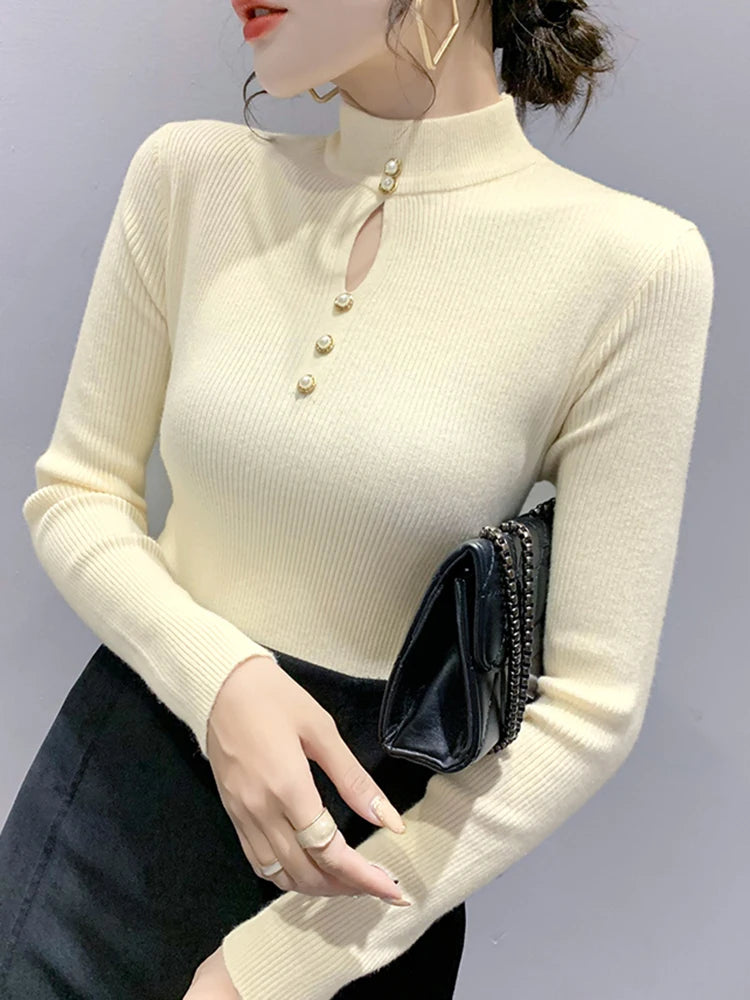 Autumn Winter Pullovers Women Hollow-out Sweaters Long Sleeve Half High Collar Sweater Female Slim Korean Knitwears Tops 2024