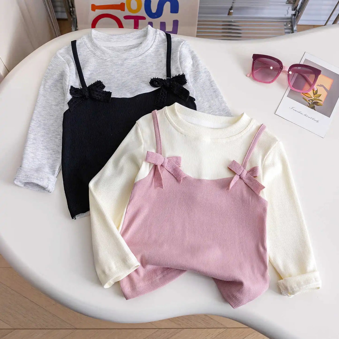 Baby Girls Long Sleeve T-shirt Kid Bowknot Top Tees Toddler Pullover 2024 Spring Autumn 1 To 6Yrs Children Clothing Korean Style