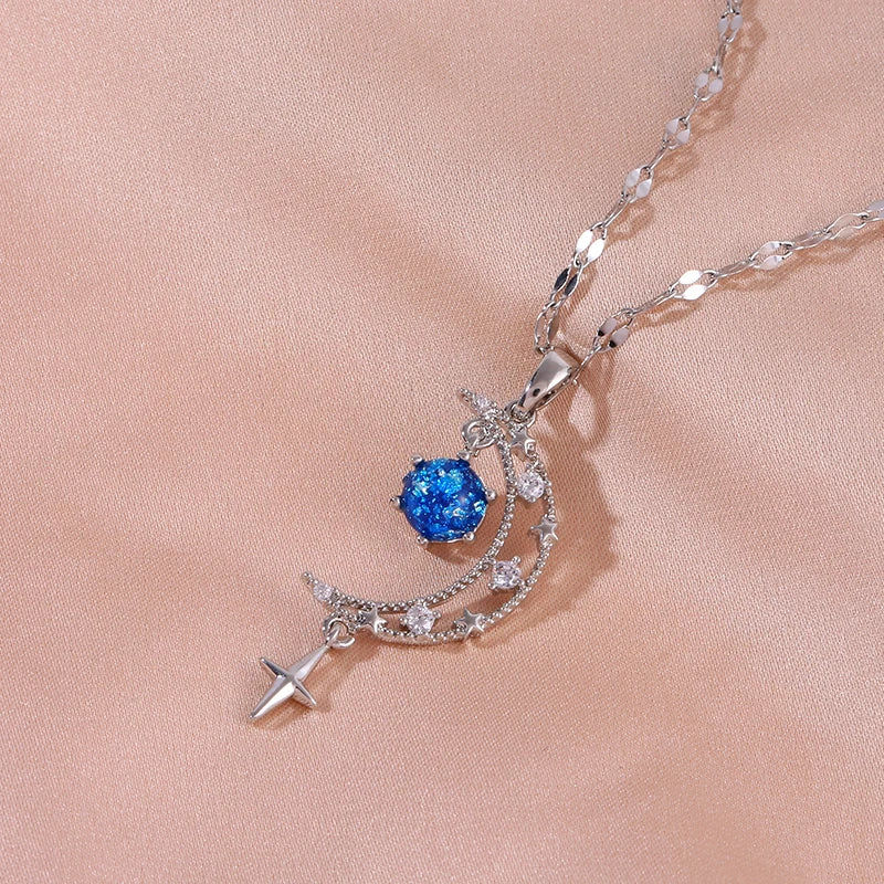 The Fashionable Hollow Moon Blue Planet Star Pendant Necklace Gives Women A Sense of Luxury and Niche Design.