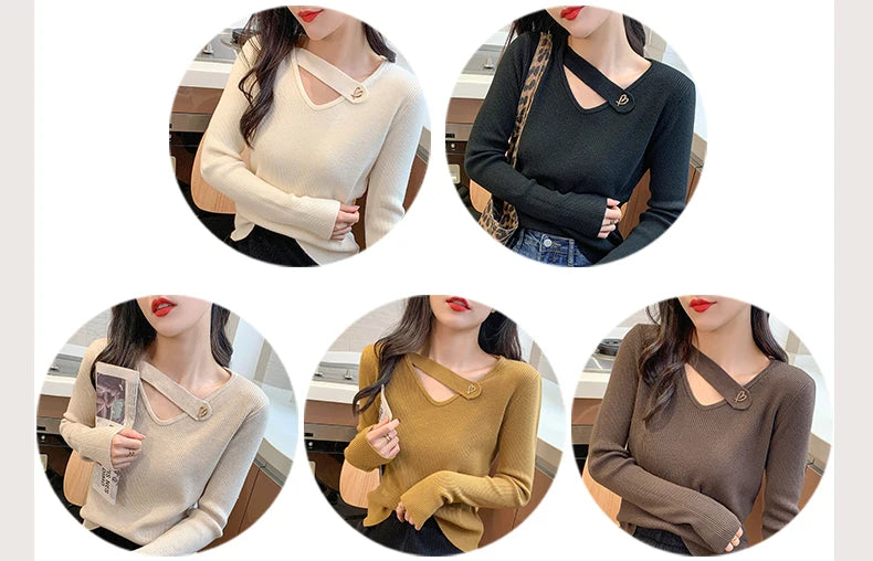 Hollow-out V-neck Women's Sweater Autumn Winter Knitted Pullovers Slim Bottoming Solid Soft Knitwear Jumpers Basic Sweaters 2024