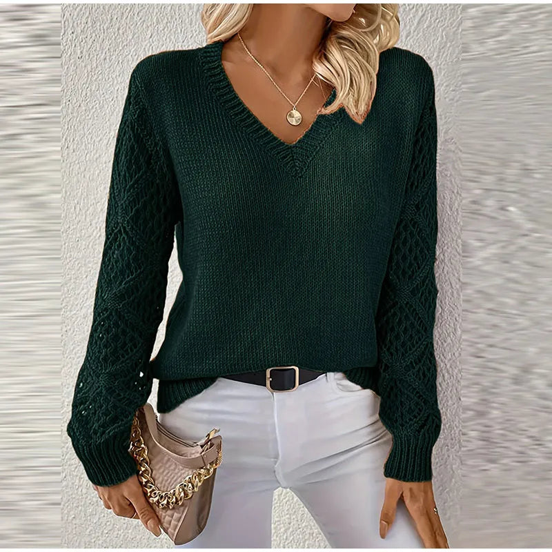 Casual Knitted Sweater Women Solid V Neck Hollow Out Long Sleeve Female Pullovers 2024 Autumn Fashion High Street Lady Knitwears