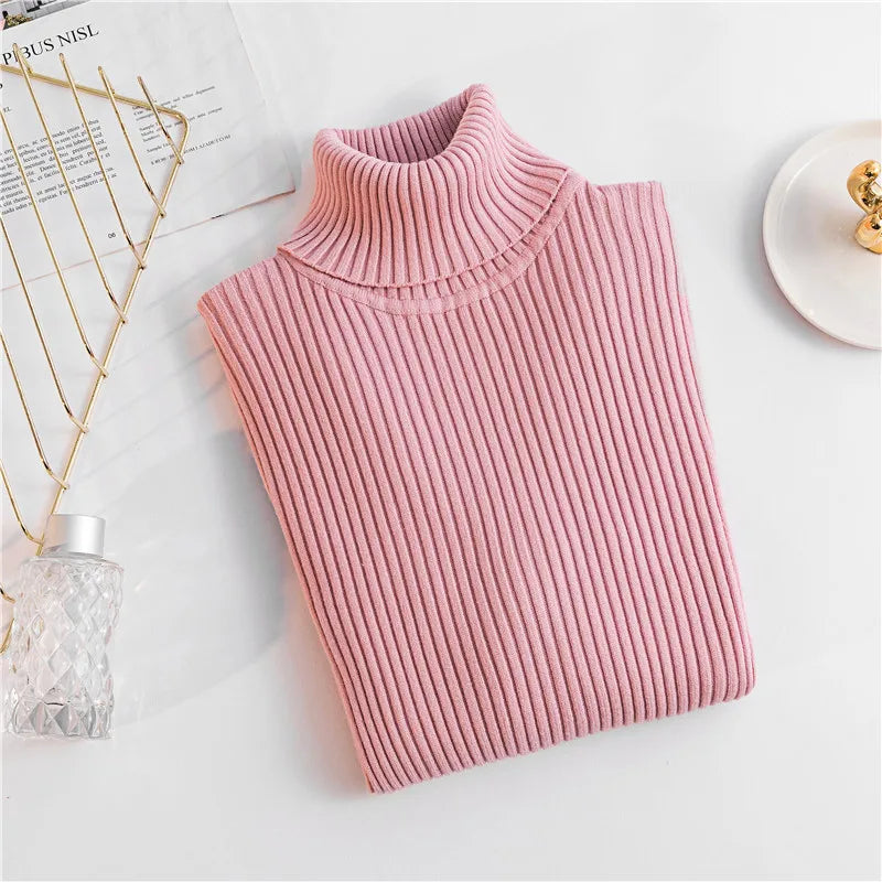 2024 Autumn Winter Women Knit Solid Turtleneck Pull Sweater Casual Rib Jumper Tops Female Home Pullover Y2K Clothing