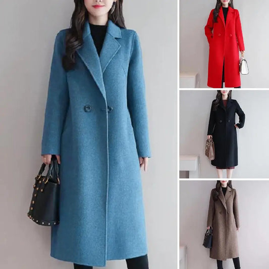 Women Woolen Coat Elegant Lapel Woolen Coat with Two Buttons Pockets for Women Stylish Mid-length Cardigan Outwear for Autumn