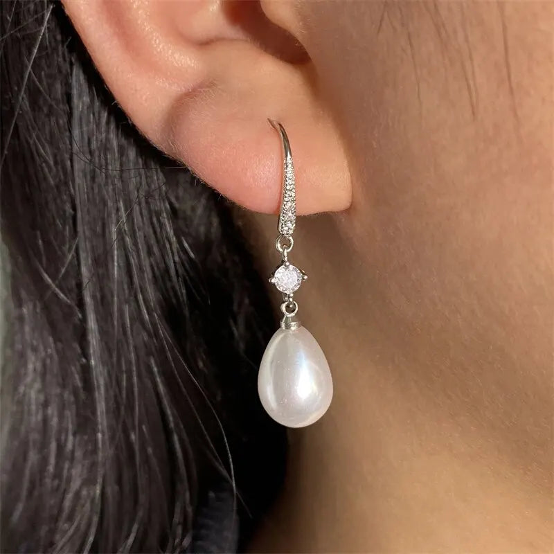 Fashion Water Drop Pearl Zircon Dangle Earrings for Women Bridesmaid Wedding Jewelry