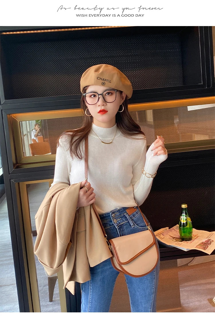 Autumn Winter Mock Neck Women Sweater Vintage Basic Solid Knitted Korean Tops Casual Slim Pullover Sweaters Simple Chic Jumpers