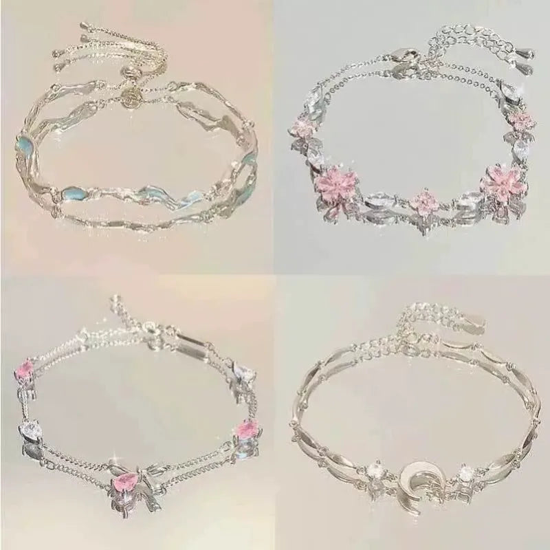 Shiny Pink Crystal Cherry Blossom Bracelets For Women Girls Sweet Moon Bow Flowers Zircon Bracelet Party Aesthetic Egirl Jewelry