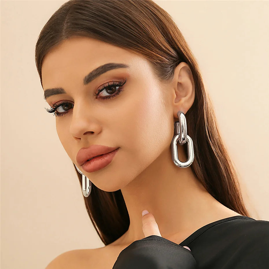 Ingemark Vintage Geometric U-Shape Link Drop Earrings Women Trendy Punk Metal Round Circle Piercing Earrings Jewelry Accessories