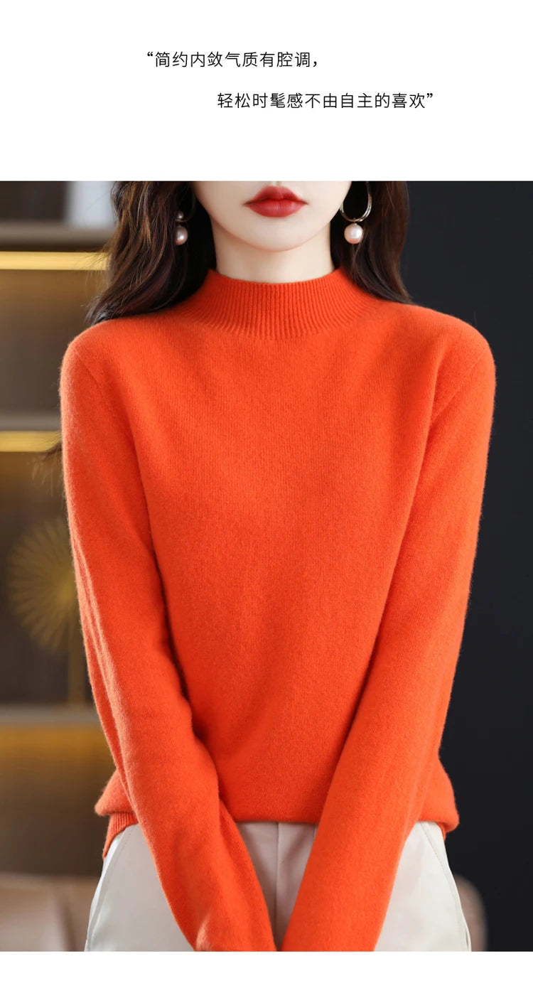 100% merino wool cashmere sweater women's sweater semi-high-necked long-sleeved pullover warm pullover in autumn and winter