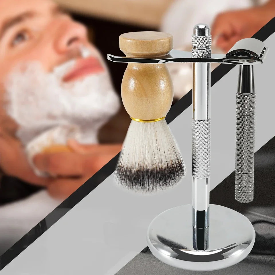 Razor Holder Brush Stand Stainless Steel Handle Shaving Quality Holder Razor Brush Set for Men Shave Tool Non-slip Base