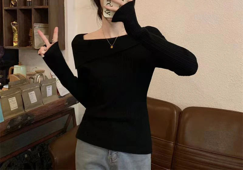 Women Slim Off Shoulder Knit Sweater Slash Neck Long Sleeve Knitwear Jumpers Office Sweater For Women 2023 Autumn Winter