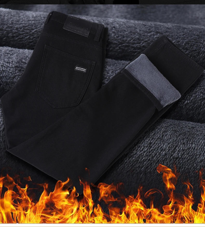 WTHINLEE Thick Fleece Men's Stretch Jeans Winter Thermal Warm Straight Casual Denim Trousers Black Soft Cozy Jean Pants