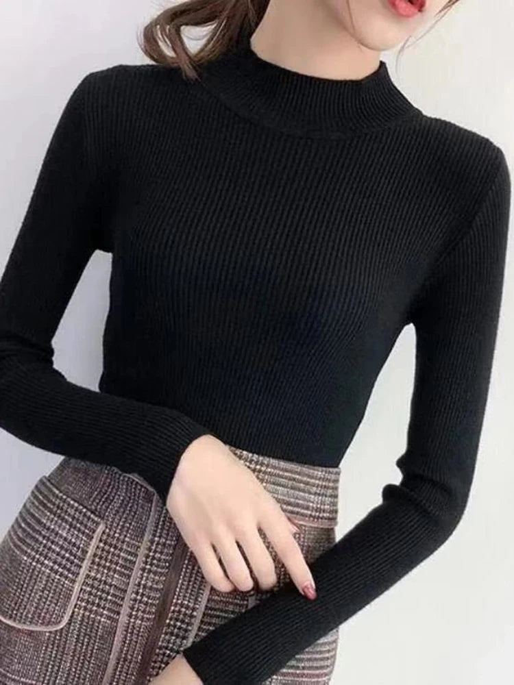 Mock Neck Women Sweater Vintage Basic Solid Knitted Tops Casual Slim Pullover Autumn Winter Korean Tops Simple Chic Jumpers