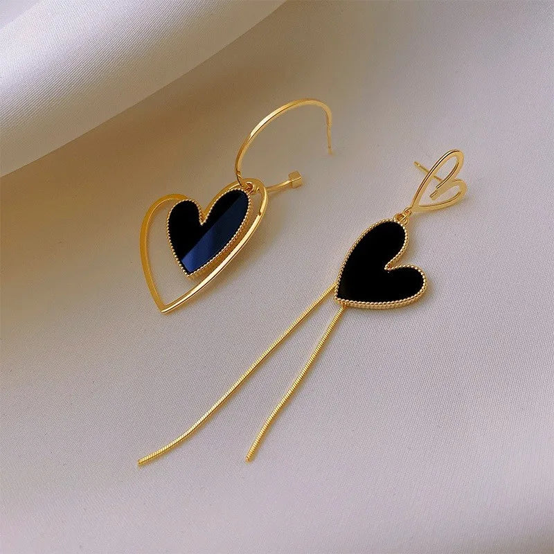 S925 Silver Needle Asymmetric Love Tassel Fashion Heart-shaped Long Earrings Jewelry Black And White Exaggerated Earrings Brinco