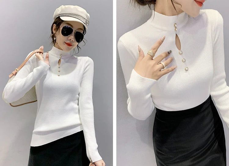 Autumn Winter Pullovers Women Hollow-out Sweaters Long Sleeve Half High Collar Sweater Female Slim Korean Knitwears Tops 2024