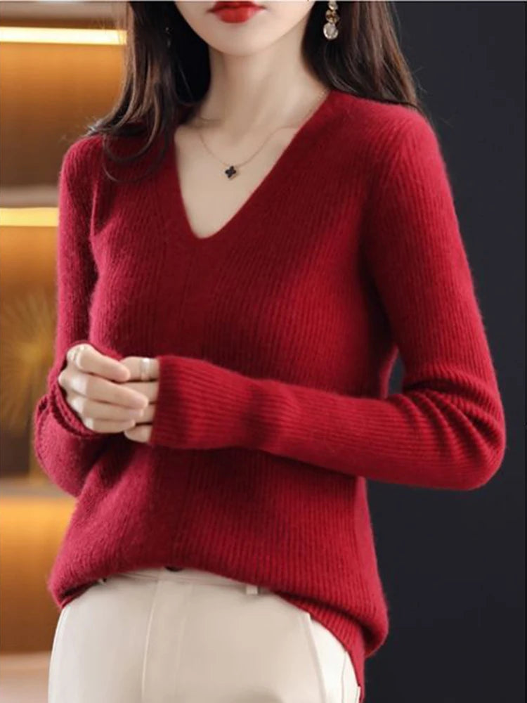 Women Wool V-neck Sweater Bottoming Jumpers Solid Autumn Winter Soft Warm Woman Sweater Knitted Basic Slim Pullovers Tops