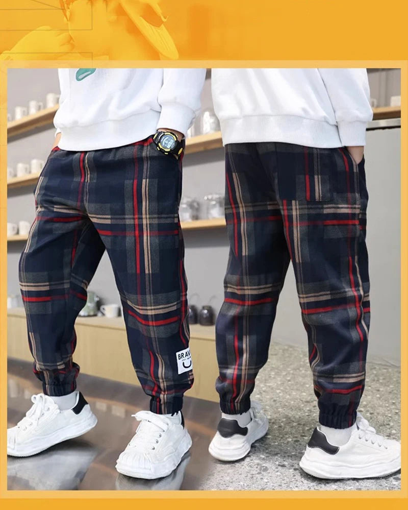 2024 Fashion Boys Cotton Plaid Pants Spring Autumn Toddler Casual Kids Loose Trousers Sweatpants for Teenage Children Clothes