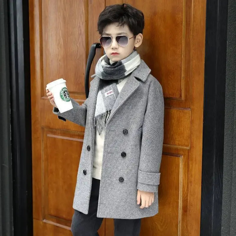 Boy's thousand-bird check coat 2024 autumn  winter new Zhongda children's woolen plus fleece thick coat trench coat for children