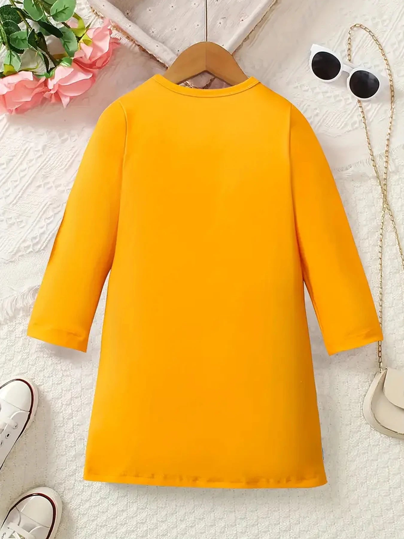 Cute Bee Print Suspender Spliced Dress For Girls, Round Neck Long Sleeve Casual Dress