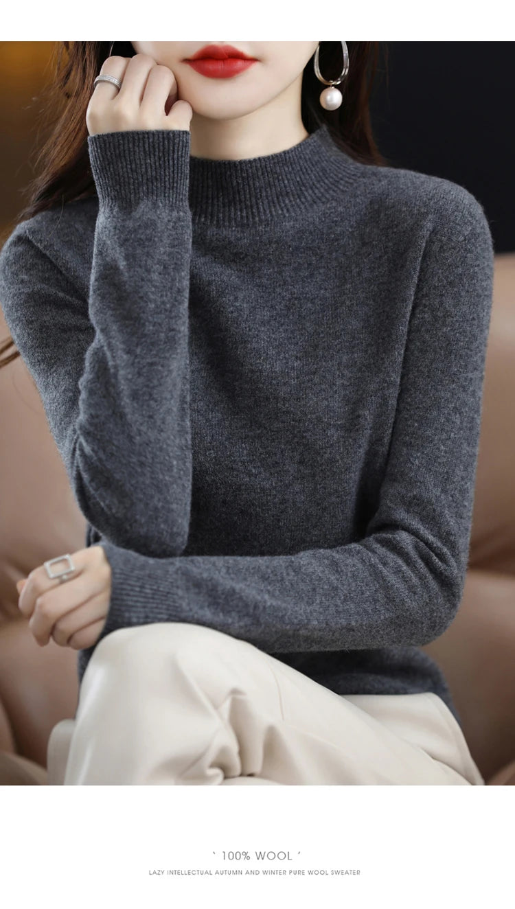 100% merino wool cashmere sweater women's sweater semi-high-necked long-sleeved pullover warm pullover in autumn and winter