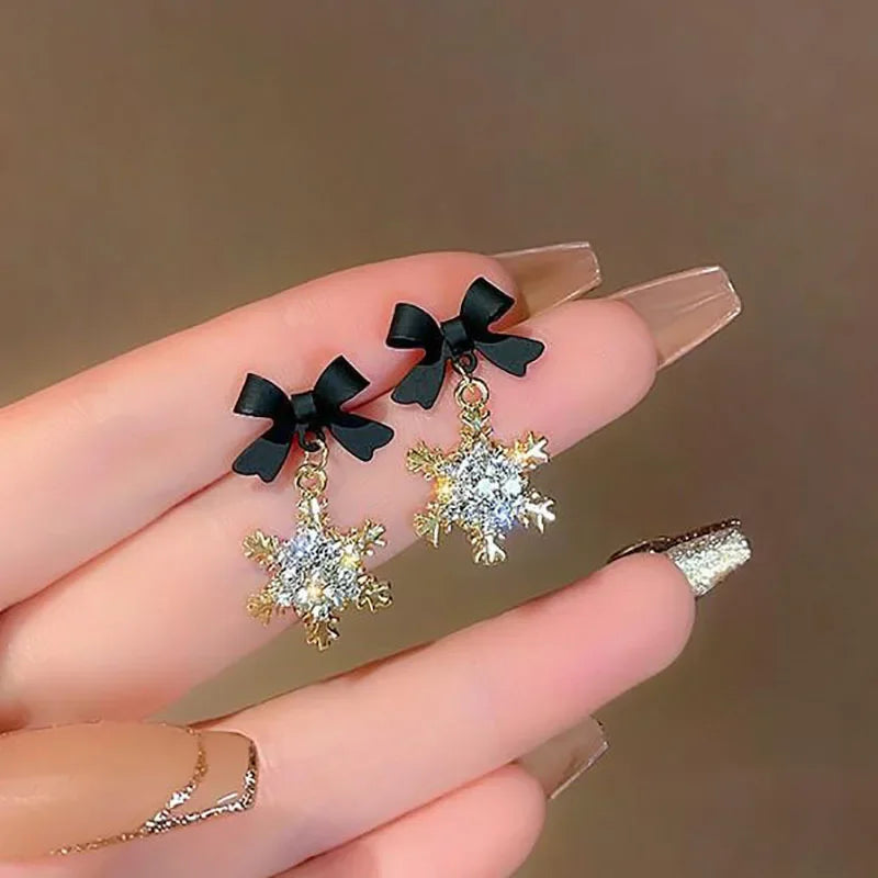 Sweet Bowknots Snowflake Drop Earrings for Women Girls Trendy Elegant Red Black Ear Accessories Jewelry Earring Charm Xmas Gifts