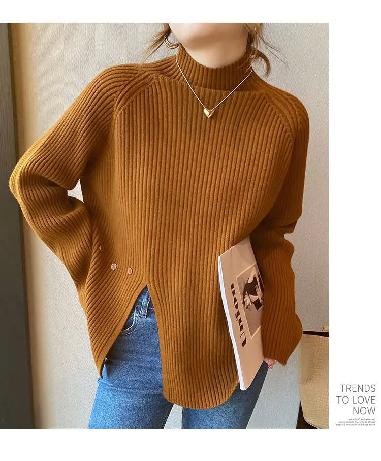 2024 Women Sweater Pullovers Turtlneck Casual Autumn Winter Split Fork Button Chic Sweater Female Slim Knit Top Soft Jumper Tops