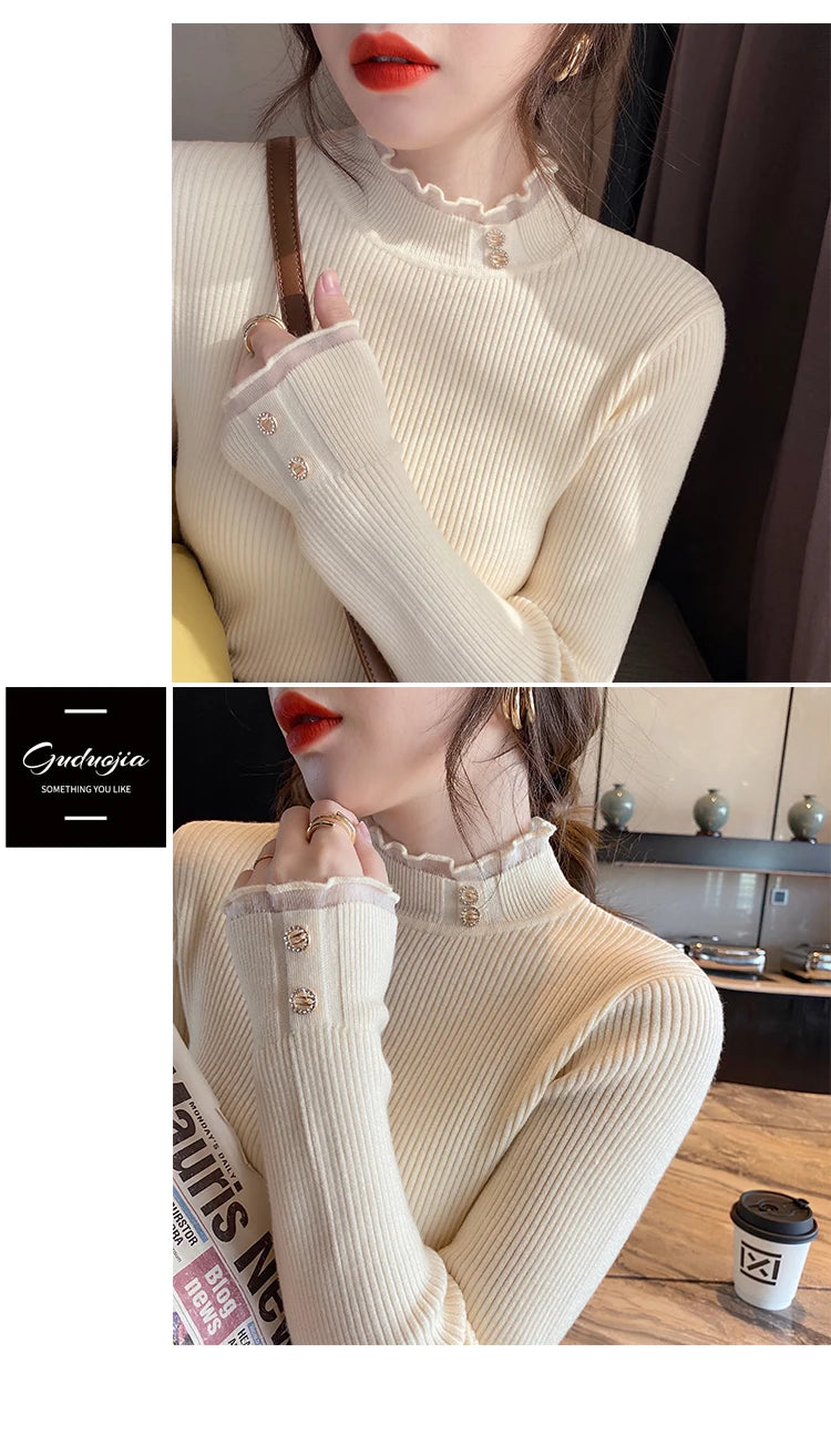 2024 Knitted Women Sweater O-neck Button Pullovers Spring Autumn Basic Sweaters for Female Pullover Slim Solid Bold Lace Tops