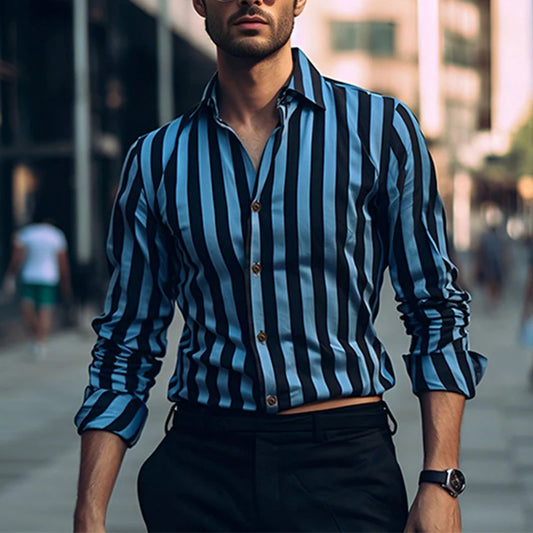 Vintage Vertical Striped Print Shirt Men 2023 Brand Slim Fit Long Sleeve Button Up Dress Shirts Men Casual Party Prom Chemise