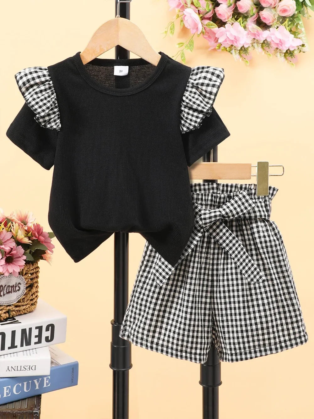 Summer Plaid Set Kids Girl Clothes Short Sleeve T-shirt Plus Short Plus Belt 3 To 7 Years Old Fashion Casual Cute Kids Set