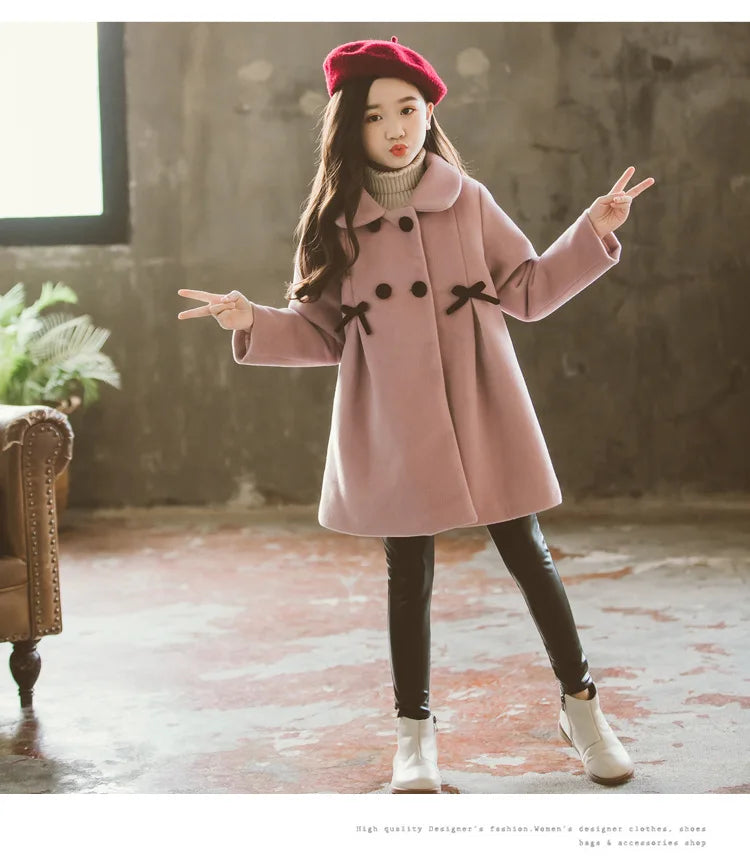 3 4 5 6 8 10 12 Years Girls Wool Coat Autumn Winter Korean Version Long Kids Jacket Double Breasted Children Outerwear Clothing