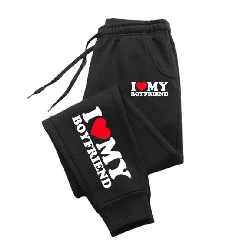 Autumn Woman Man Couple Sweatpants I Love My Boyfriend Print Tracksuit Loose Casual Warm Pants Pocket Drawstring Sportswear