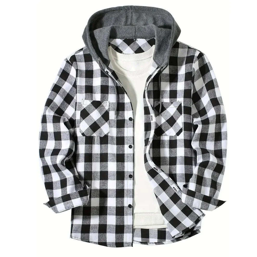 Spring Autumn Men's Hoodies Shirts Classic Plaid Casual Button Down Hooded Long Sleeved Double Pockets Shirt Flannel Jacket Tops