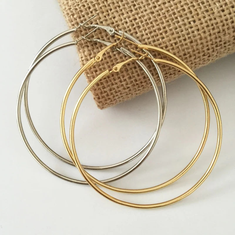 1Pairs/2Pcs 10 To 70mm Gold Silver Color Big Round Stainless Steel Earrings Trendy Jewelry For Women