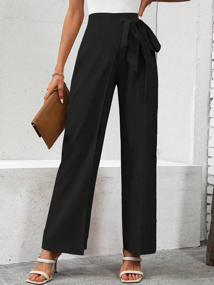 Women's Spring Autumn New Fashion Elegant Solid Color Pocket Elastic Bow Casual High Waist Loose Wide Leg Straight  Long Pants