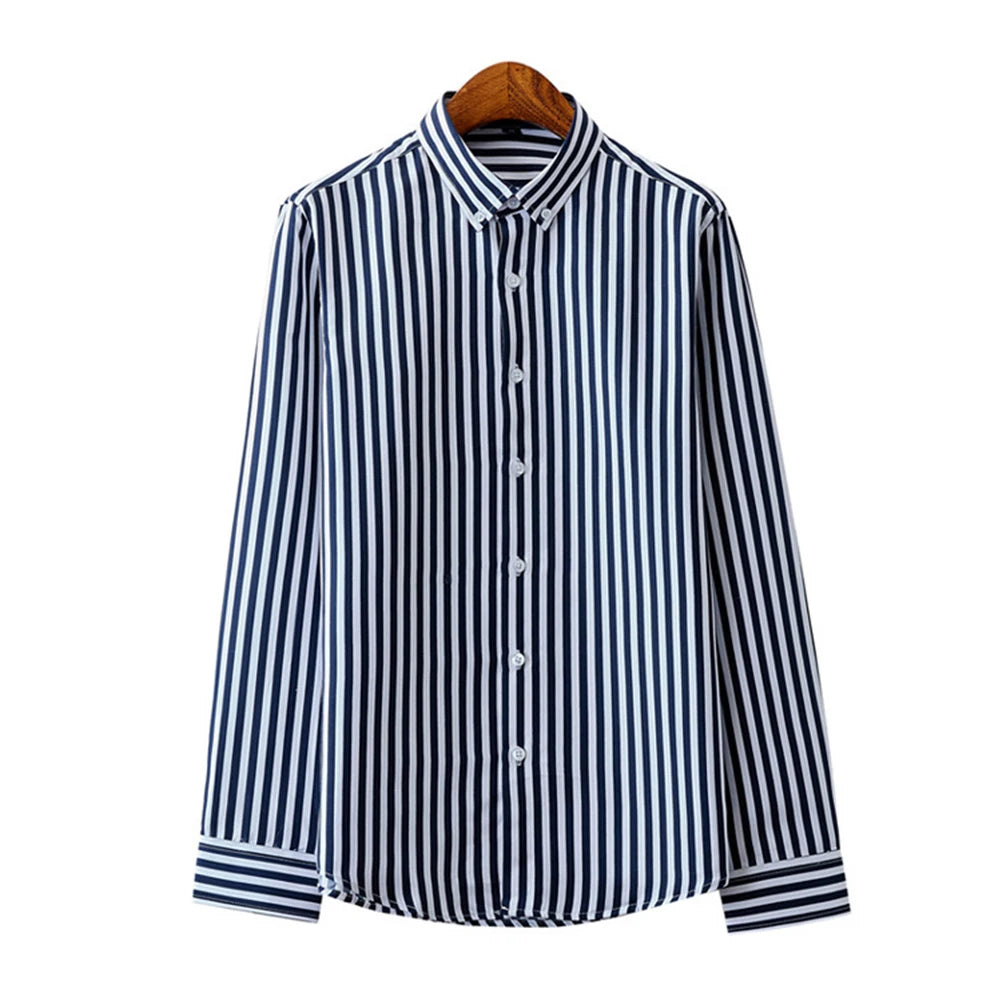 Mens Casual Striped Long Sleeve Band Collar Button Down Formal Shirt Dress Up Shirts