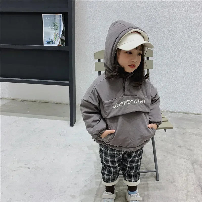 Kids Autumn Clothes 2023 Jacket for Girls Winter Clothes Boys Velvet Hooded Letter Printed Coat Baby Thick Children Outerwear