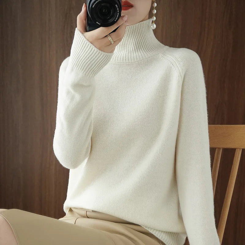 Turtleneck Merino Wool Pullover Basic Casual Cashmere Sweater Comfort Autumn Winter Women's Raglan Sleeve Clothing Tops