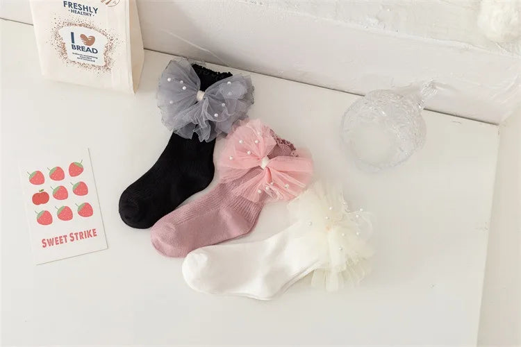 Spring and Autumn Children Cute Sweet Princess Fashion Bow Comfortable Breathable Calf Socks for Girls